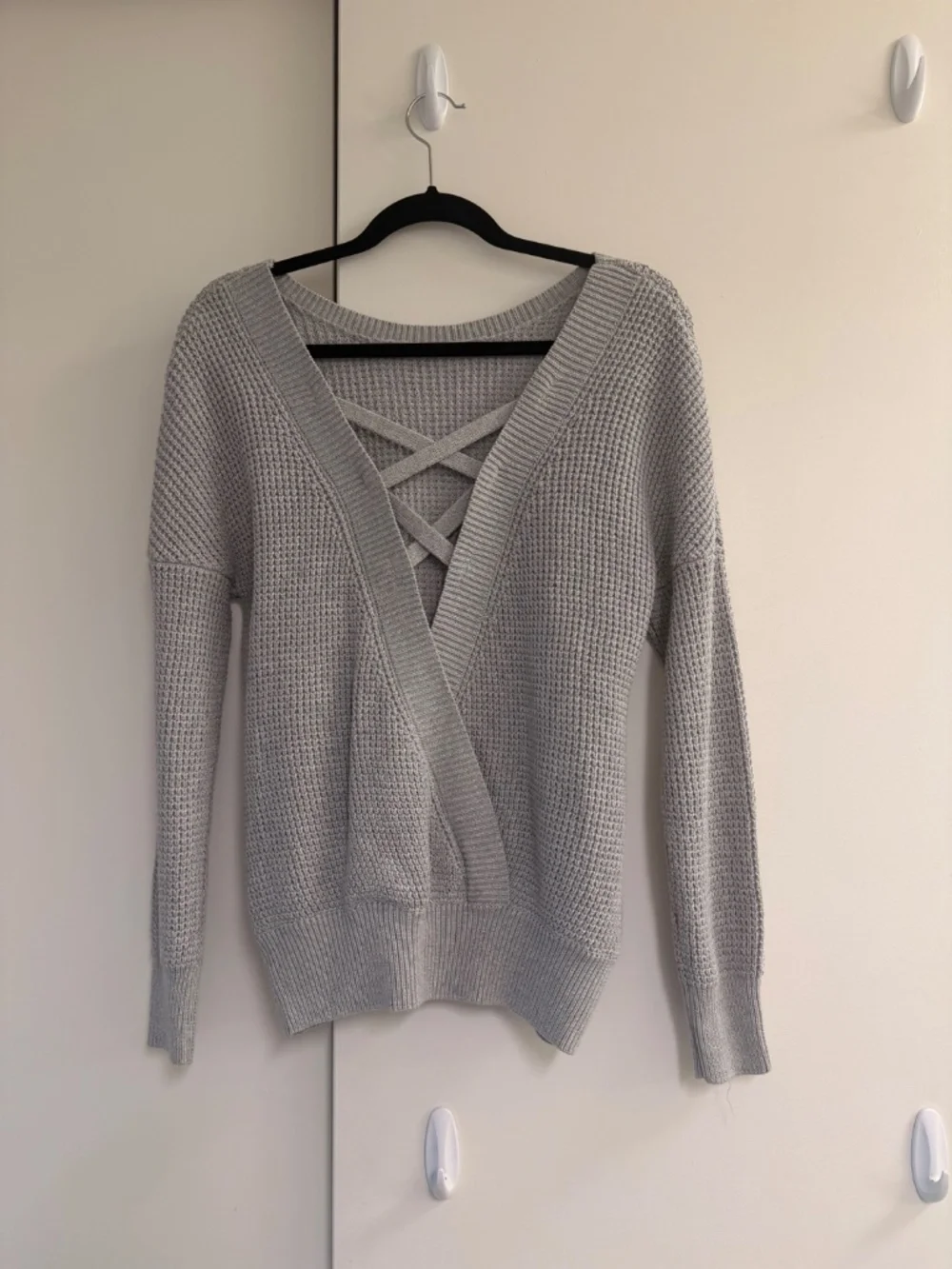 Criss Cross V Back Hollow Out Long Sleeve Sweater, Casual Crew Neck Knitted Grey - Picture 4 of 6